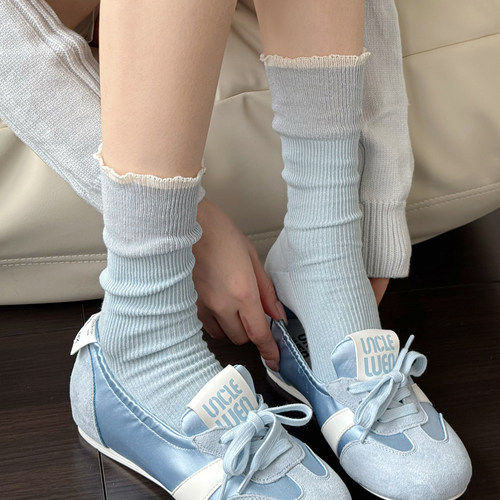 浅蓝色小腿袜女春款甜美白色中筒