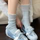浅蓝色小腿袜女春款 甜美白色中筒袜灰色堆堆袜竖条纹黄色棉短袜子