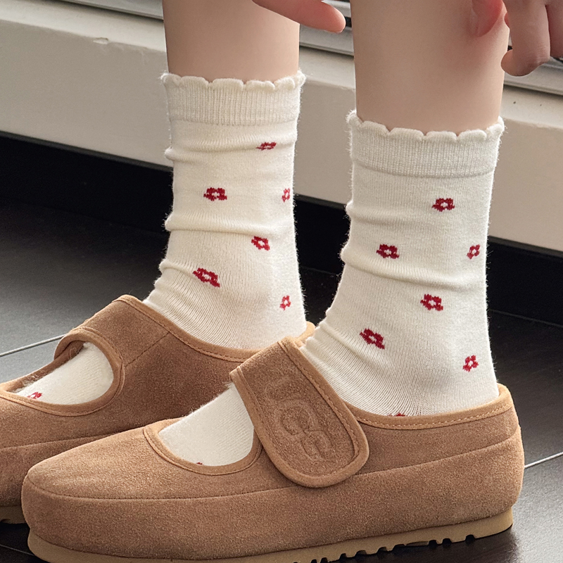 秋冬款白色堆堆袜深灰色棉短袜女小花朵中筒袜加厚ins潮堆堆袜子