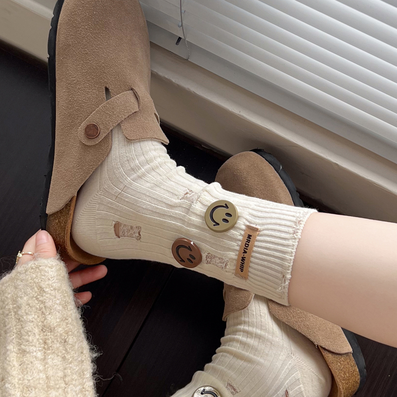 米白色小腿袜破洞袜ins笑脸潮袜