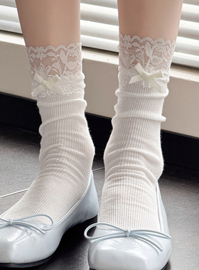 日系甜美jk白色小腿袜春夏款蝴蝶结蓝色中筒堆堆袜花边女灰色短袜