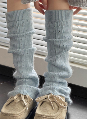 jk米白色袜套女秋冬款加厚保暖粉色中筒袜子羊毛小腿袜浅蓝色腿套