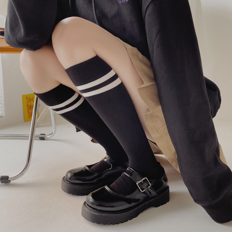 日系jk学院风黑色中筒袜条纹女米白色小腿袜秋冬棉质堆堆袜子百搭