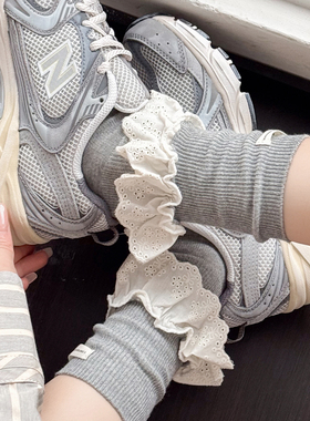 春秋款甜美jk花边浅灰色小腿袜女lolita棉米白色条纹中筒堆堆袜女