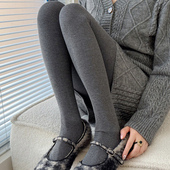 女加厚加绒咖色保暖踩脚袜竖条纹米白色连裤 秋冬季 烟灰色打底裤 袜