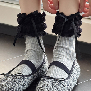 秋冬款 蝴蝶结加厚白色小腿袜女甜美花边棉短袜子灰色中筒堆堆袜子