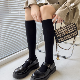 日系jk黑色小腿袜女春秋甜美奶白色中筒袜子显瘦棉质学院风堆堆袜