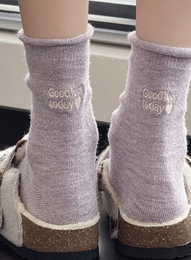 秋冬款加厚紫色中筒堆堆袜韩版ins潮袜白色棉短袜子浅灰色小腿袜