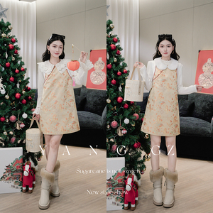 YANG GZ【马到福来】新中式新款秋冬季翻领马纹高级感短连衣裙女