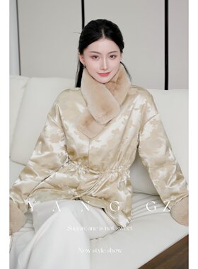 国风缎面提花毛领羽绒服上衣女