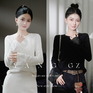 YANG GZ【玫瑰之约】新中式秋冬新款玫瑰绣花白色打底衫内搭女