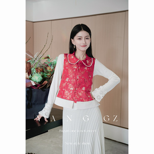 YANG GZ【红兔万里】新中式新款红色兔子纹翻领马甲外穿上衣女
