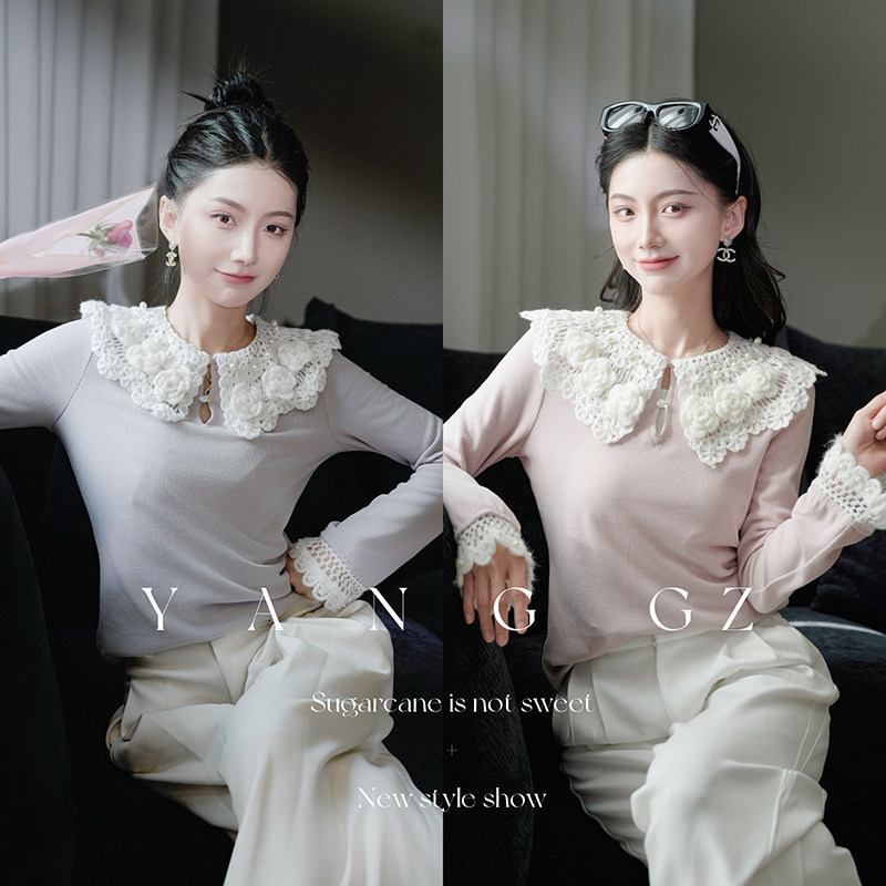 新款秋冬季翻领钩花打底衫上衣女