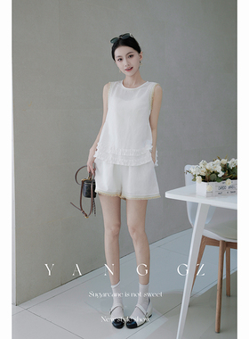 YANG GZ【月亮湖】新中式新款套装女小个子无袖背心上衣白色短裤