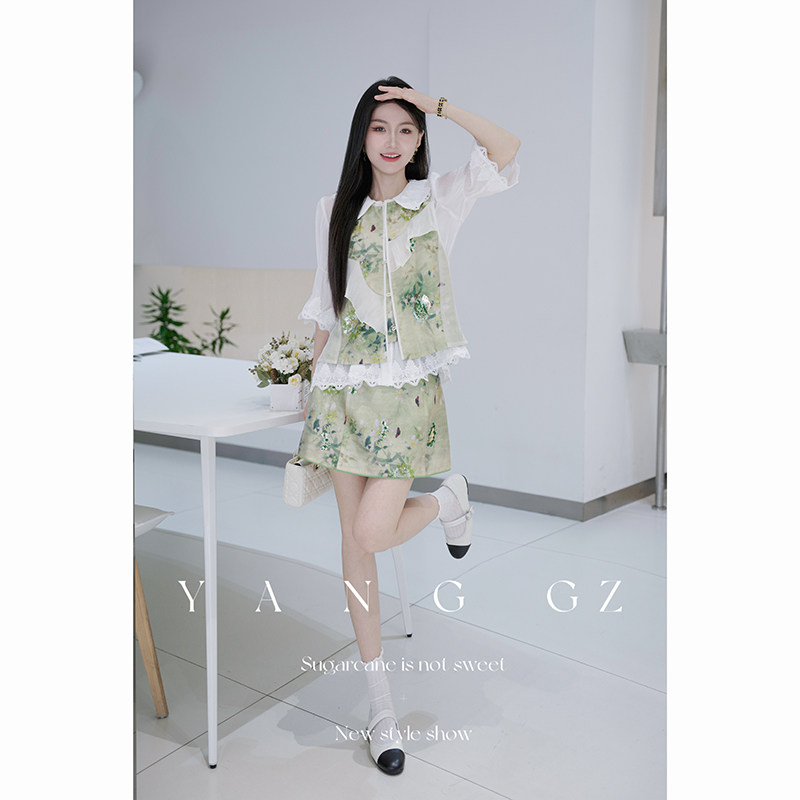 YANG GZ【翠绿江南】新中式蝴蝶海棠纹马甲上衣+半裙短裙套装女