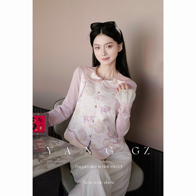 新中式粉色提花娃娃领马甲女