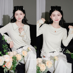 YANG GZ【锦蝶金章】新中式新款莱赛尔翻领蝴蝶钉珠打底衫上衣女