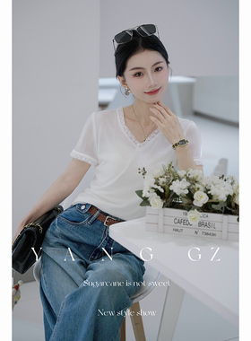 YANG GZ【朦胧】新中式新款高弹设计感坑条针织V领短袖T恤上衣女