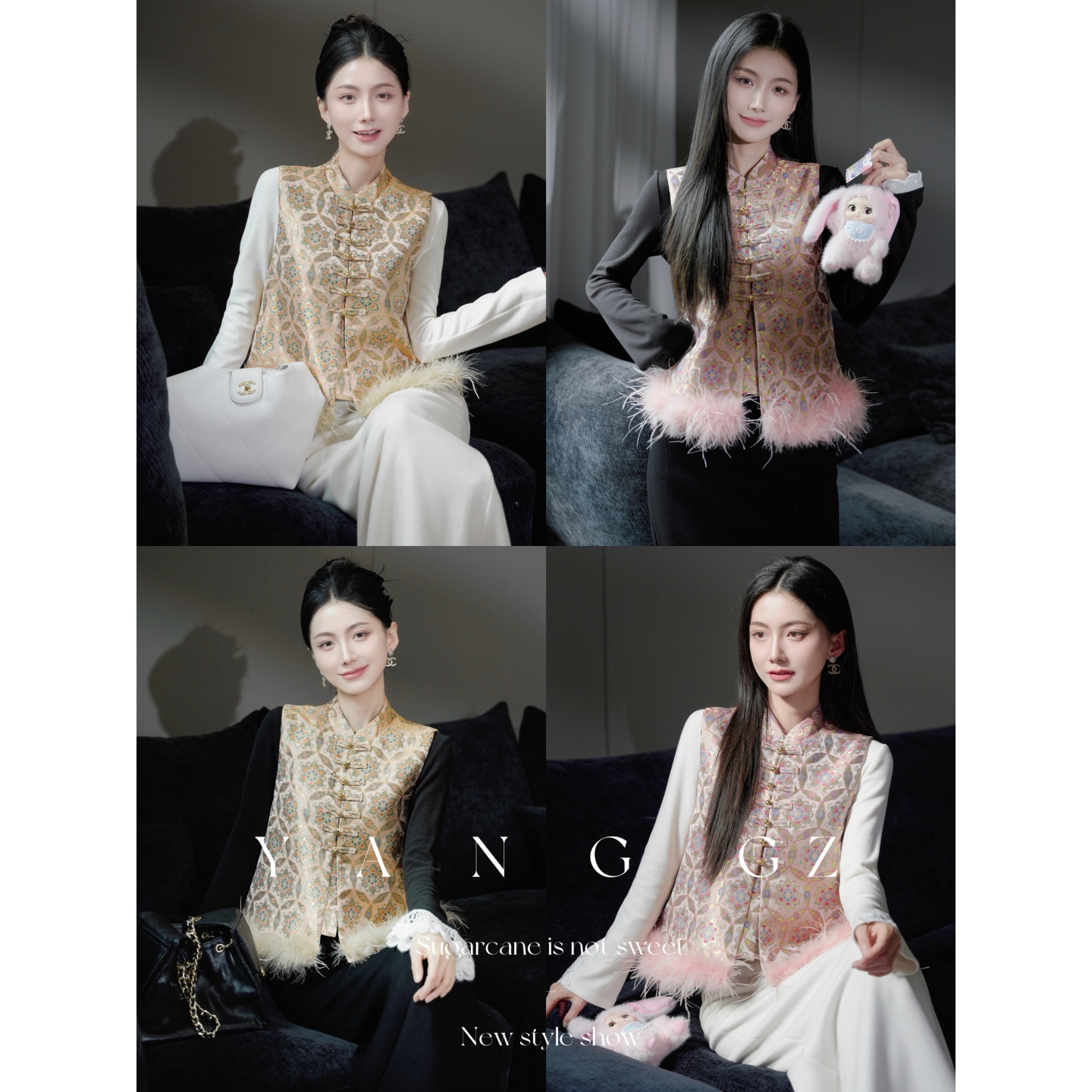 新款宝相花驼鸟毛边马甲外穿女