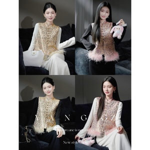YANG GZ【千金】新中式2025新款金色宝相花驼鸟毛边马甲外穿女