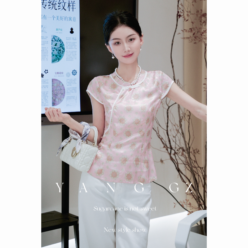 YANG GZ【顾盼生辉】新中式宝相花斜襟小衫短袖女