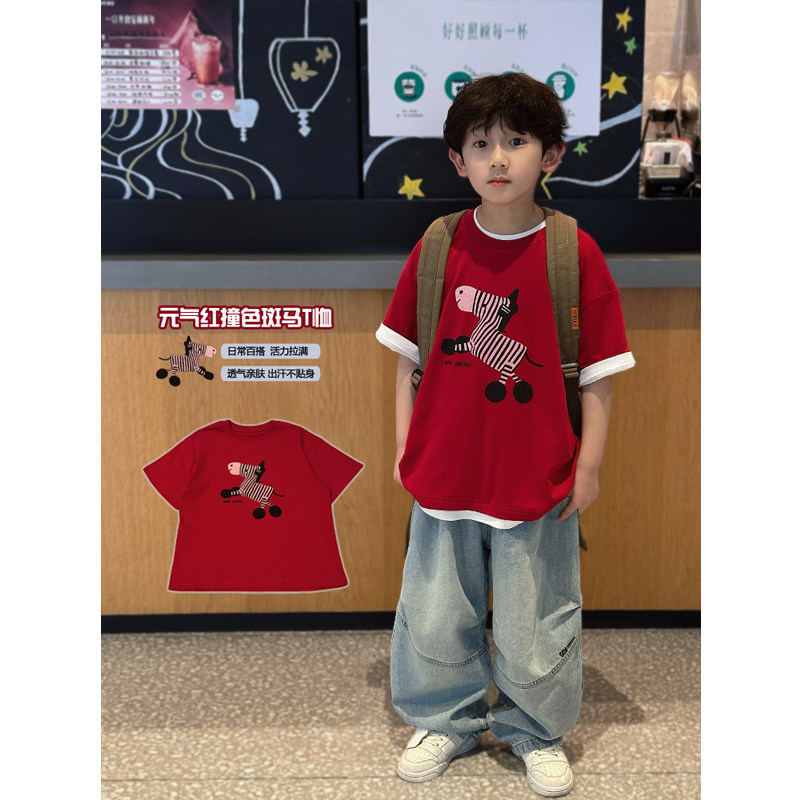 凯文家童装2026年春季新款男童中大童韩版卡通印花儿童短袖T恤衫