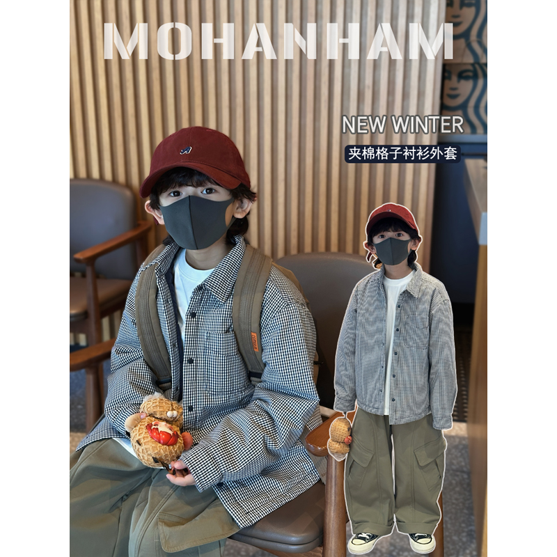 凯文家男童中大童格子夹棉外套