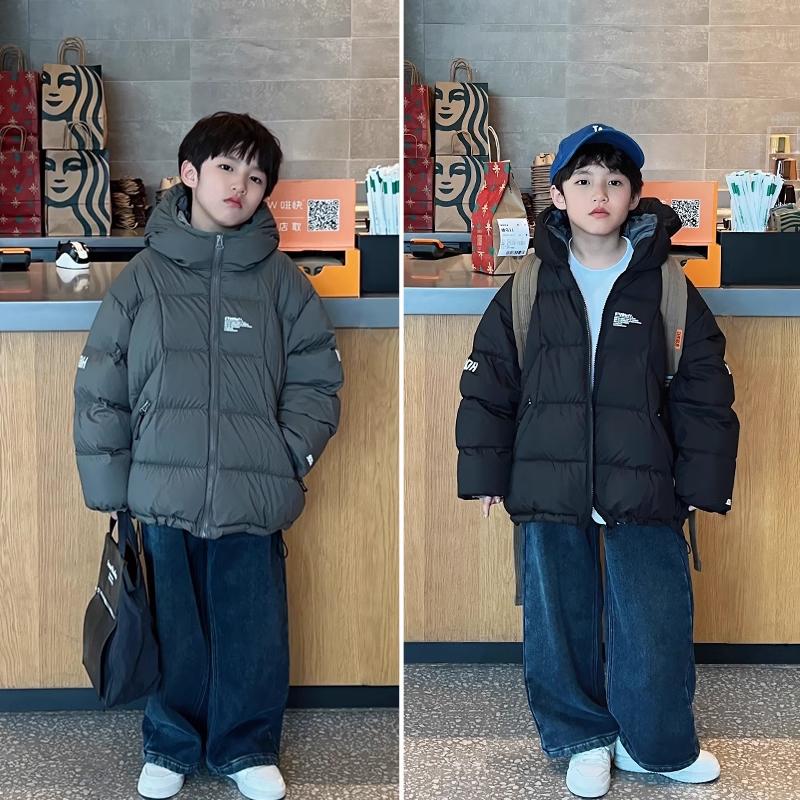 凯文家童装冬装新款男童中大童韩版字母印花儿童连帽羽绒服
