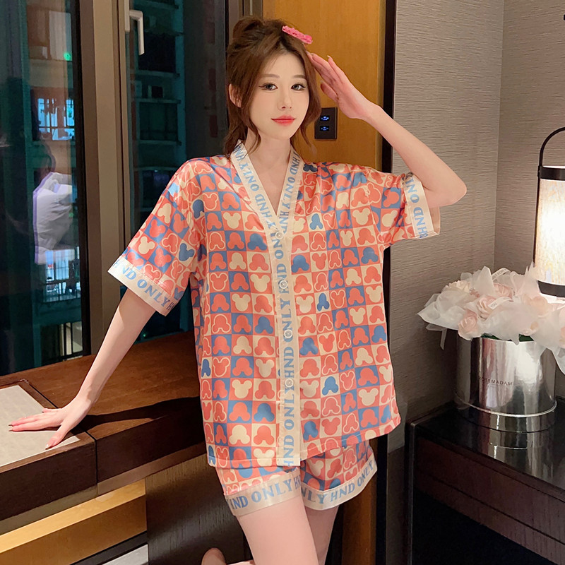 冰丝睡衣女夏款短袖短裤V领开衫格子米奇仿真丝高级感家居服套装