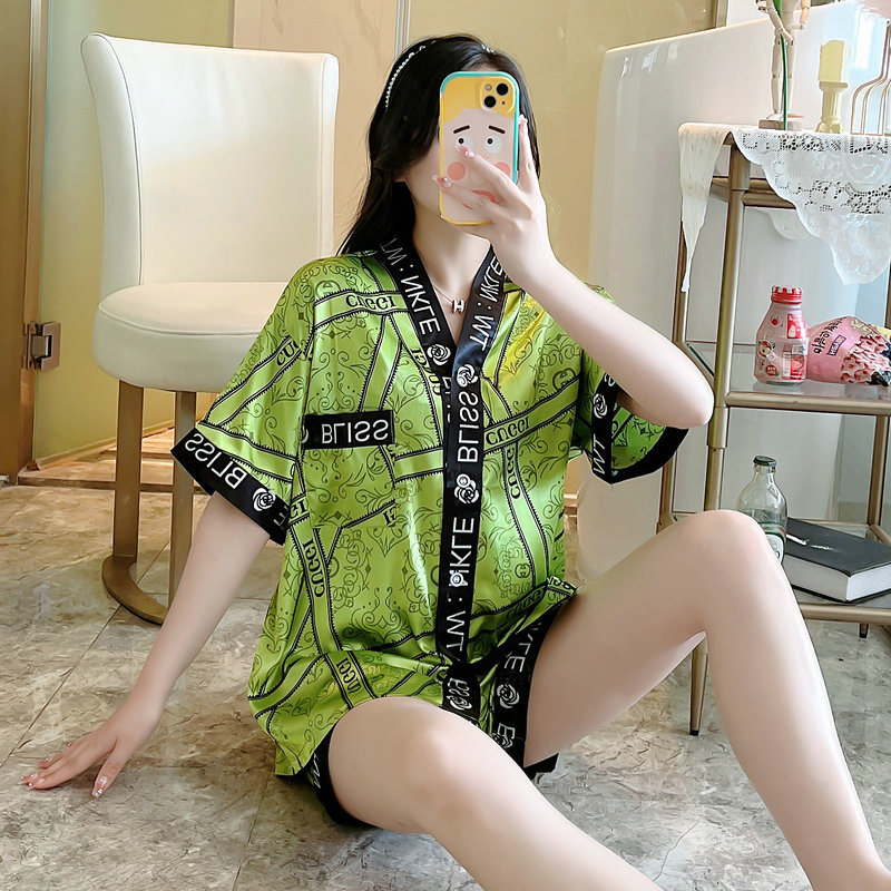 睡衣女款夏季冰丝短袖短裤和服领开衫高档印花仿真丝稠家居服套装