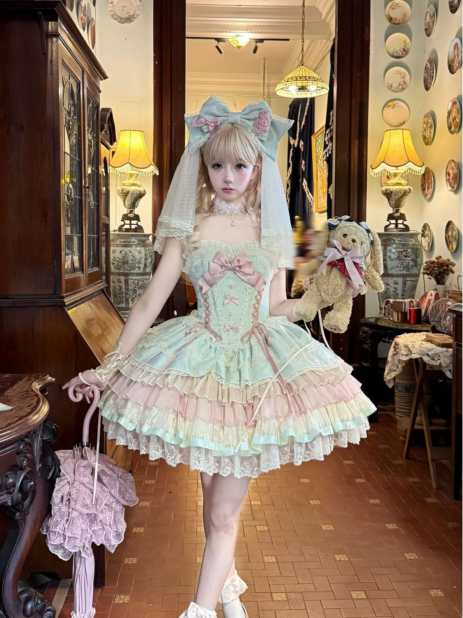 Залог] Ouhedu Sakura оригинальное JSK розовое-зелёное балетное стиль Lolita