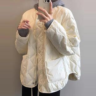 白鸭绒轻薄羽绒服女短款冬季欧货小个子棱格棒球服宽松面包外套