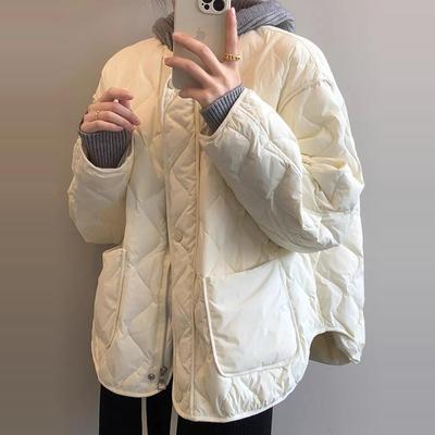 白鸭绒轻薄羽绒服女短款冬季欧货小个子棱格棒球服宽松面包外套