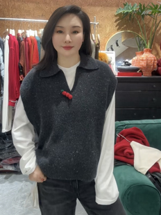 安西娅 上衣 翻领羊绒花纱葫芦胸针无袖