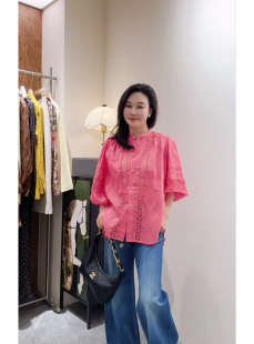 安西娅 甜美刺绣镂空显瘦苎麻衬衫