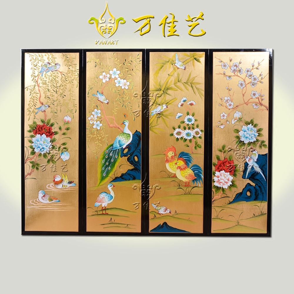 手绘金箔花鸟挂屏 新中式仿古挂画彩绘屏风 客厅玄关装饰画背景墙