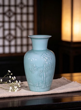 龙泉青瓷手工山水 松针刻绘花器摆件雷慧仙老师粉青花瓶摆件