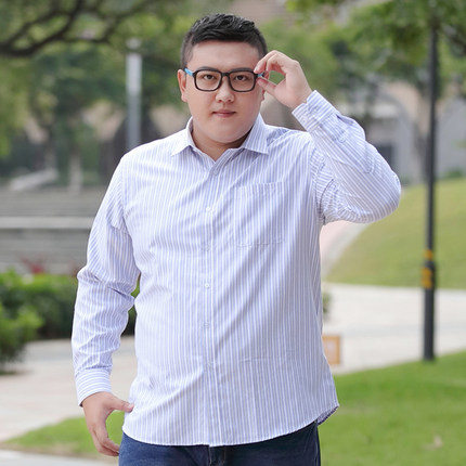 长袖加肥加大男衬衫竖纹特大号肥仔大码条纹肥佬商务休闲男装衬衣