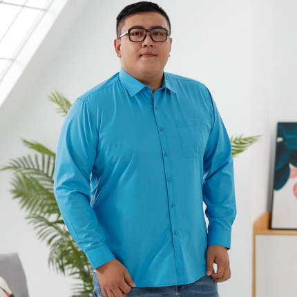 大码男士衬衣商务肥佬装超大潮纯色胖子宽松加肥加大蓝色长袖衬衫