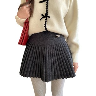 闪闪亮片高腰加厚毛呢半身裙女冬a字百褶短裙2710 现货福利款