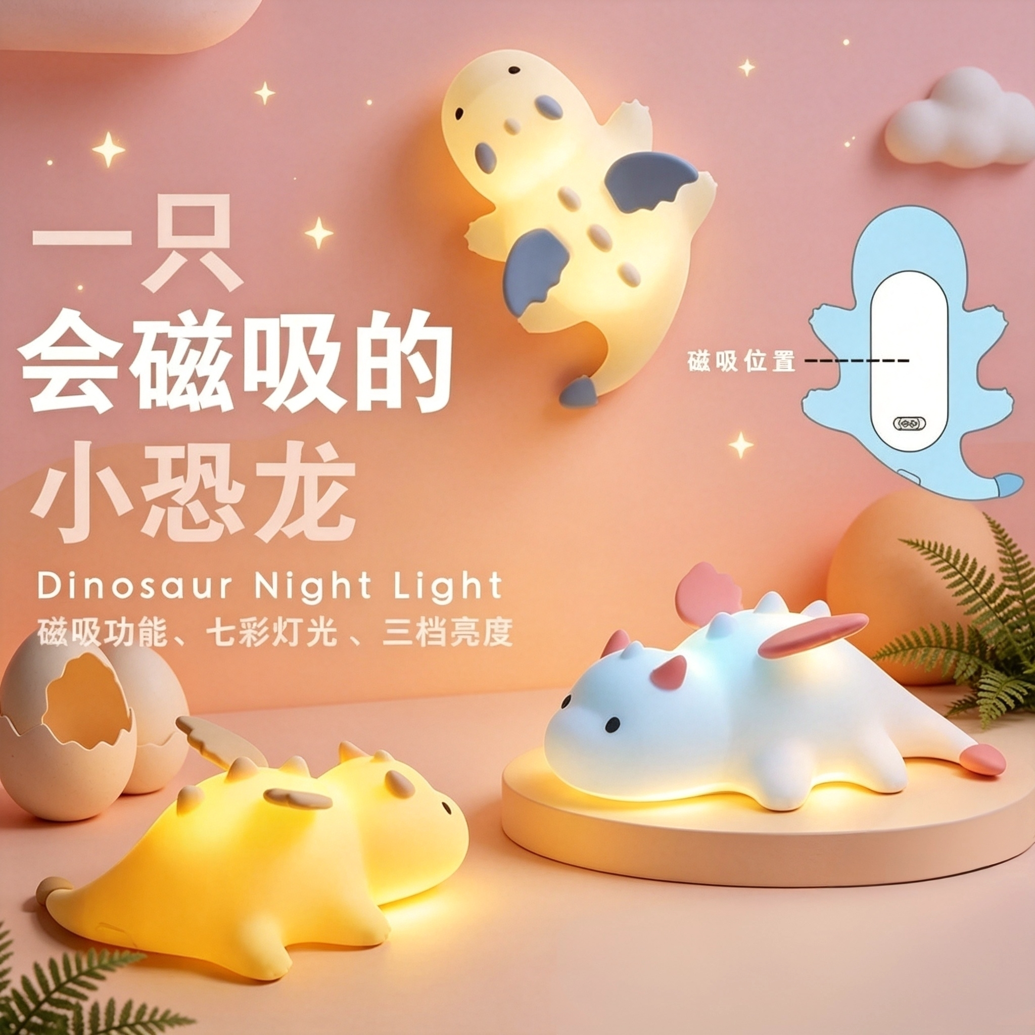 新款小奶龙趣味灯壁挂磁吸床头伴小夜灯