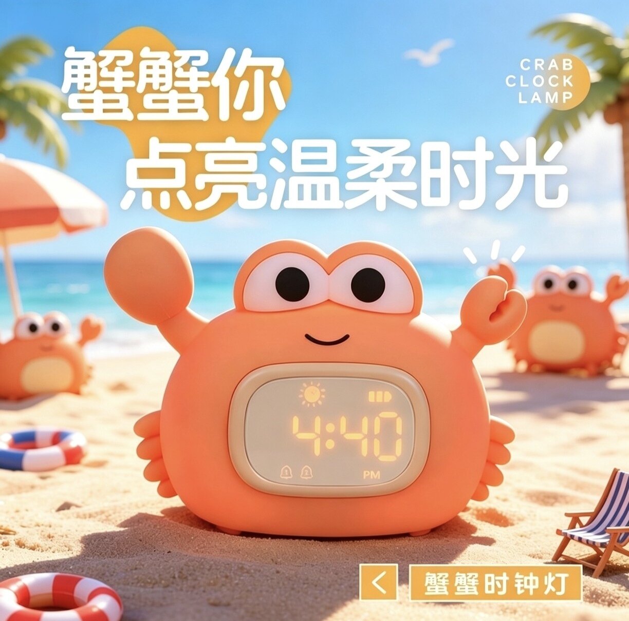 卡通螃蟹硅胶闹钟夜灯多功能儿童睡眠训练闹钟可充电六一儿童礼物