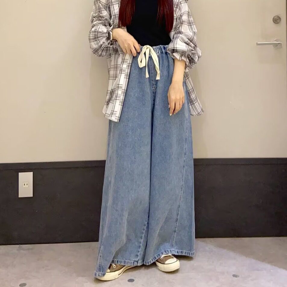 早秋日系LP高腰抽绳斜切拼接莱赛尔纤维柔软宽松直筒阔腿牛仔长裤
