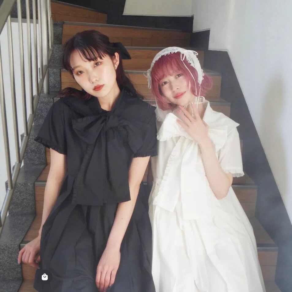 清 夏季日系MJ木耳褶边纯色大蝴蝶结系带甜美少女感A字百褶连衣裙