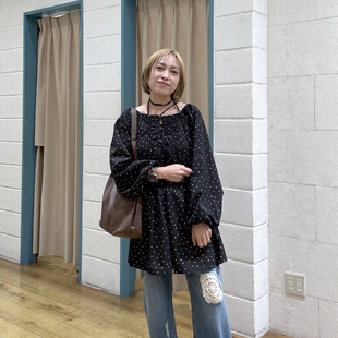 早秋日系LF前后2WAY方领系带波点印花复古甜美长袖肌理感中长衬衫