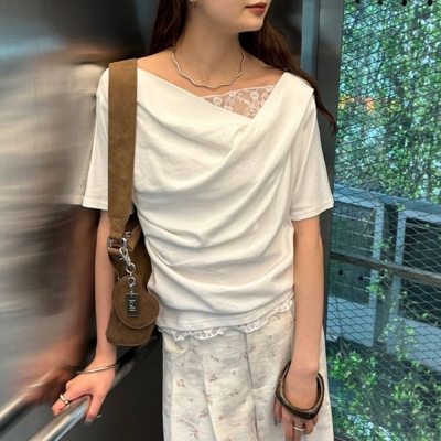 夏季日系MY不规则领拼接蕾丝花边褶皱甜美优雅纯棉T恤