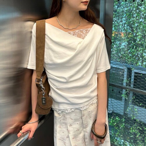 夏季日系MY不规则领拼接蕾丝花边褶皱甜美优雅纯棉T恤