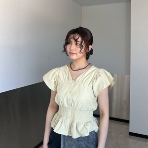 夏季日系K*F前后V领包扣褶皱收腰荷叶边飞袖甜美衬衫小上衣