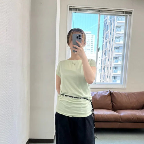 夏季日系K*F莱赛尔纤维软糯亲肤凉感褶皱收腰设计简约优雅T恤