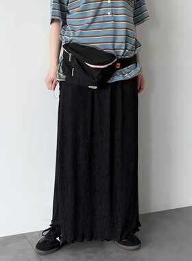 夏季日系SM2高腰褶皱光泽感垂坠木耳波浪边甜美复古直筒中长裙子